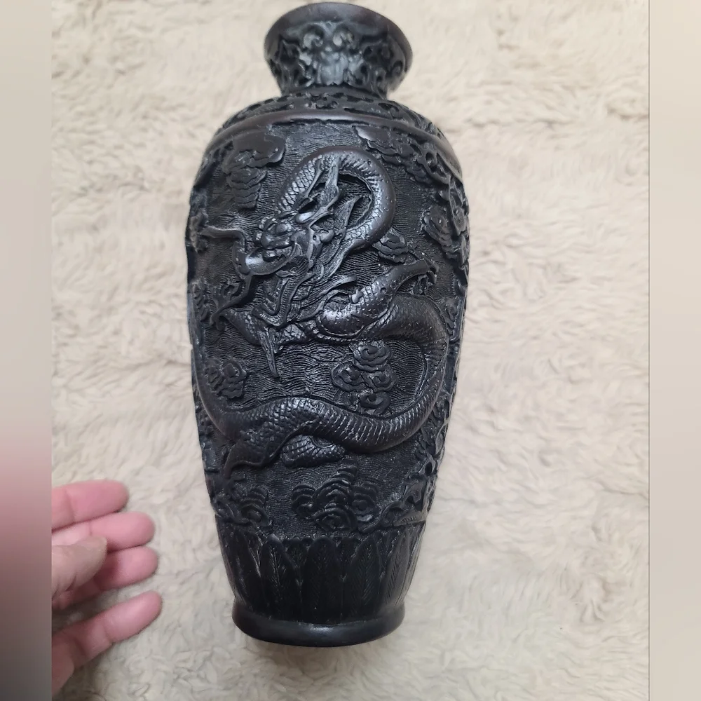 Vintage Chinese Black Embossed Double Dragon Cinnabar Style Decorative Vase - Picture 6 of 9